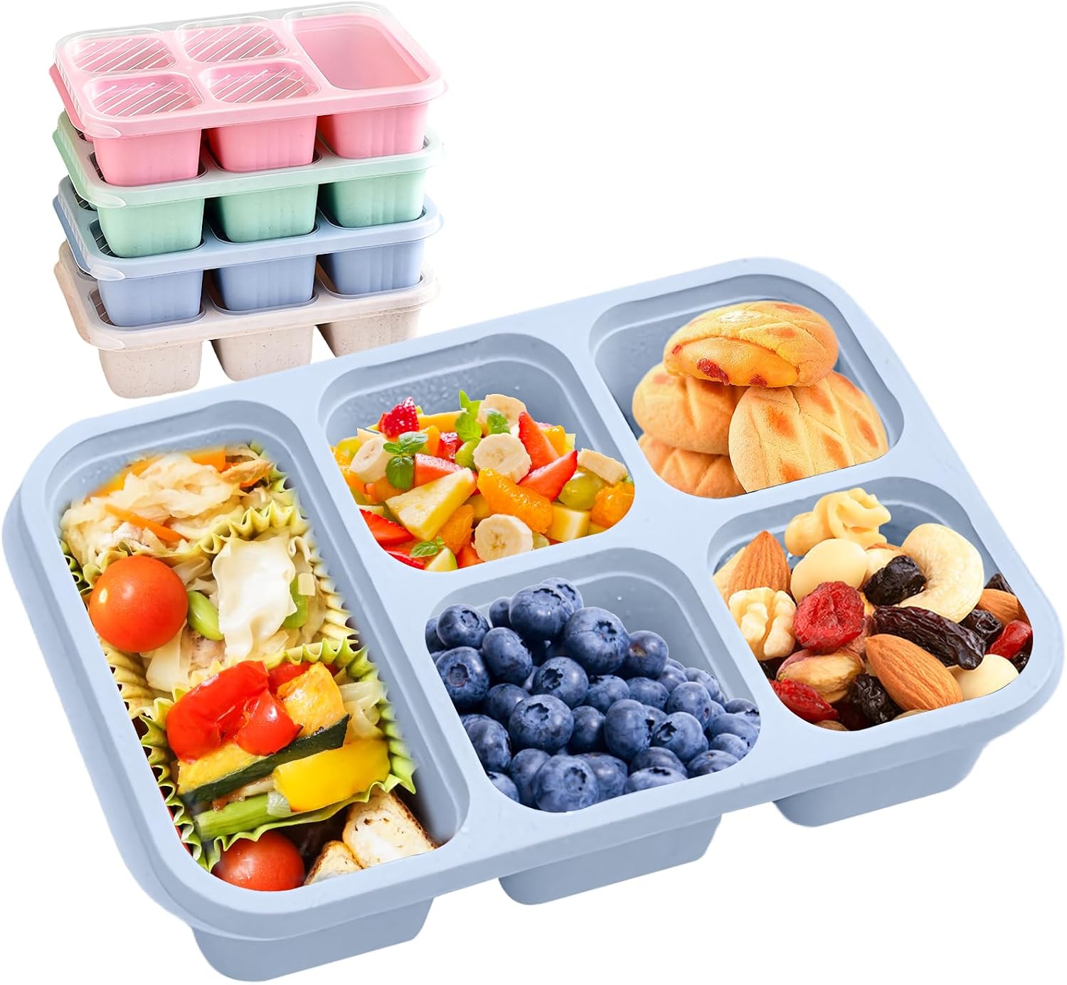 Bento Lunch Box with Reusable, 5 Compartment Bento Box for 4 Pack, Food Storage Snack Containers with Transparent Lids, for Work and Travel Wheat BluePinkGreenBeige, 5 Compartment