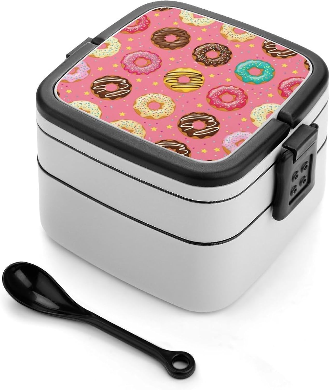 Adult Bento Box Double Layered with Spoon Doughnut Donut Pink Lunchable Food Container with Utensils Adult Double Layer Lunch Box