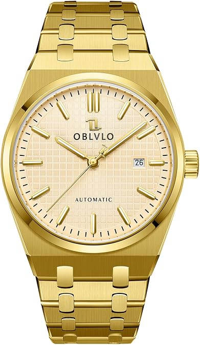 OBLVLO Automatic Watch, Stainless Steel Band, White Dial with Date Display, Steel