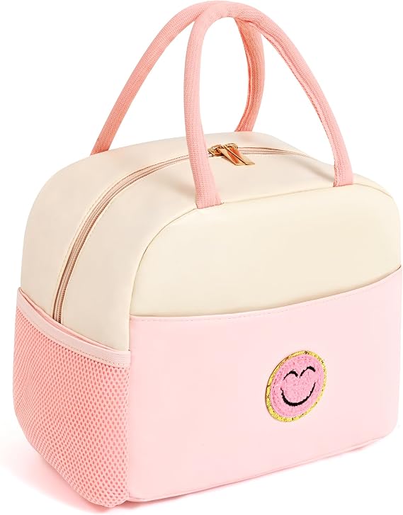 Preppy Lunch Bag For Women And Girls,Large Insulated Lunch Bag With Chenille Pattern, Wide-Open Leather Lunch Box, Leakproof Cooler Bags, Reusable Lunch Tote Bag For Work, School, Picnic, Pink