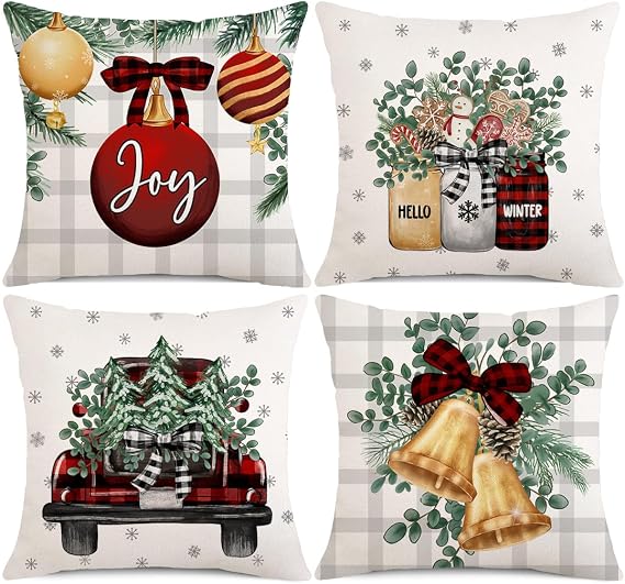 Christmas Pillow Covers 18x18 inch Set of 4 Christmas Trees Truck Eucalyptus Leaves Floral Mason Jar Joy Bells Winter Holiday Decor Pillow Covers Christmas Decorationas for Sofa Couch KI163