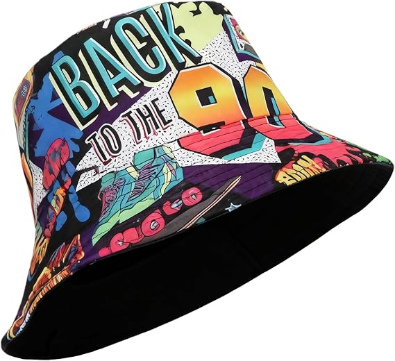 90s Bucket Hat for Men - Women，Funny Graffiti Canvas Fisherman Hat，Packable Sun Cap Rave Party Outfit Accessories Multicoloured