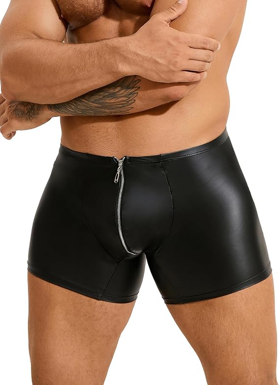 sunshinelay Men's Faux Leather Boxer Shorts with Zipper Pouch Design | Stretch Briefs Underwear Soft Trunks Plus Size Sexy Lingerie Clubwear S-2XL