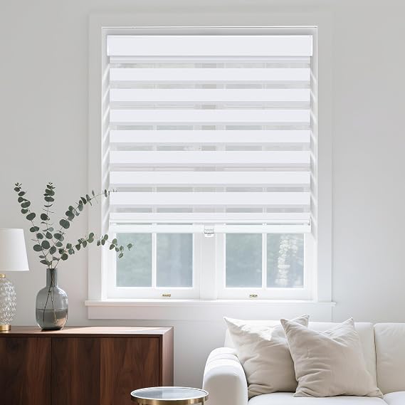 Cordless Zebra Blinds for Windows, Dual Layer Day Night Light Filtering Privacy Window Shades, Free-Stop Pull Down Roller Shades for Home, Office, Bedroom, Curved Valance(Jacquard-White, Custom Size)