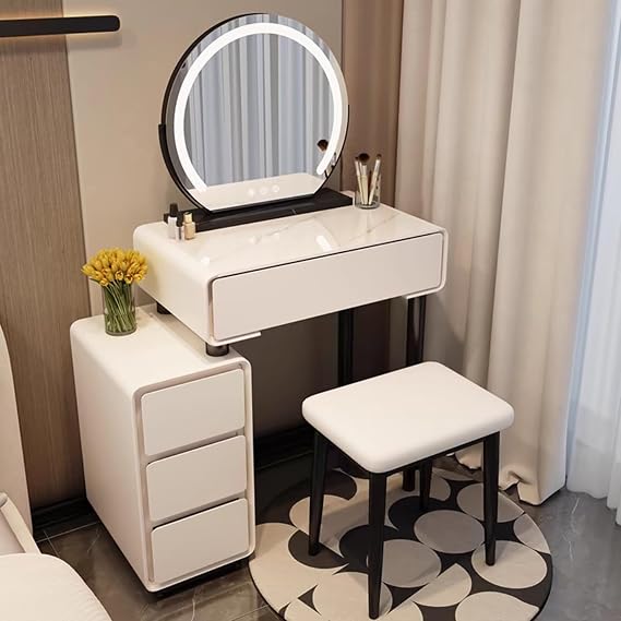 Makeup Vanity Mirror with Lights,Vanity with Chair,Large Vanity Tabel Set,Makeup Table with 3 Lighting Modes Brightness Adjustable,with Drawers and Cabinets,Compact Vanity Set for Small Space(Light wh