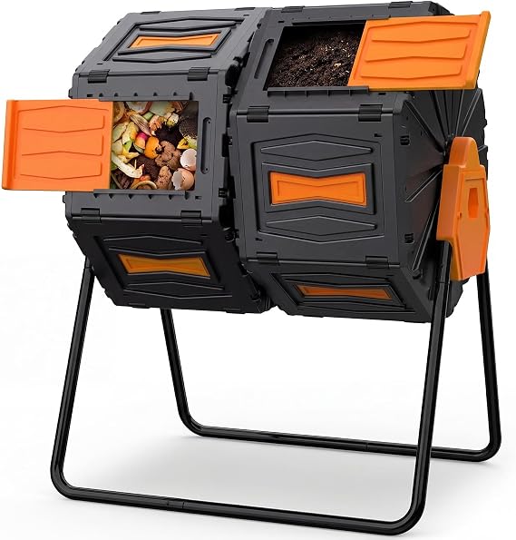 Compost Tumbler, 45-Gal Dual Chamber Compost Bins, BPA-Free Tumbling Composting Bins with 2 Sliding Doors and Metal Frame,Easy Assembly Large Composter Tumbler Outdoor Compost Bin Kitchen