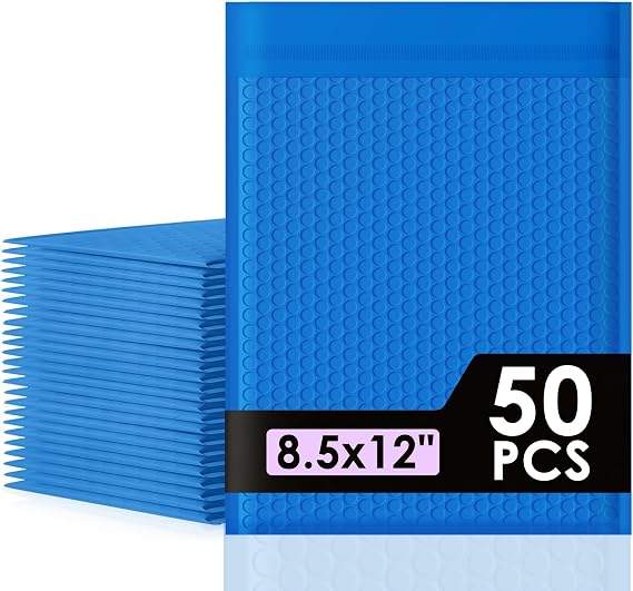 packbabol Bubble Mailers 8.5x12" 50 Pack Blue Padded Envelopes Waterproof Usable Size 8.5x11 Self-Seal Padded Mailing Envelopes Bubble Opaque Padded Mailer for Small Businesses, Envelope Mailers#2