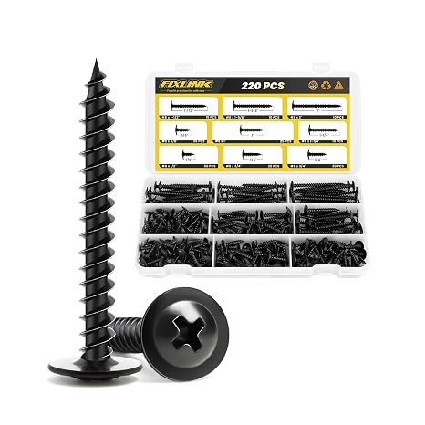 Wood Screws 1-1/4 Inch, 80 PCS and Assortment Kit 220PC FIXLINK Premium Phillips High Hardness Truss Head Black Wood Screws, Self Tapping Electrophoresis Modified Fast Truss Head Wood Screw, Black