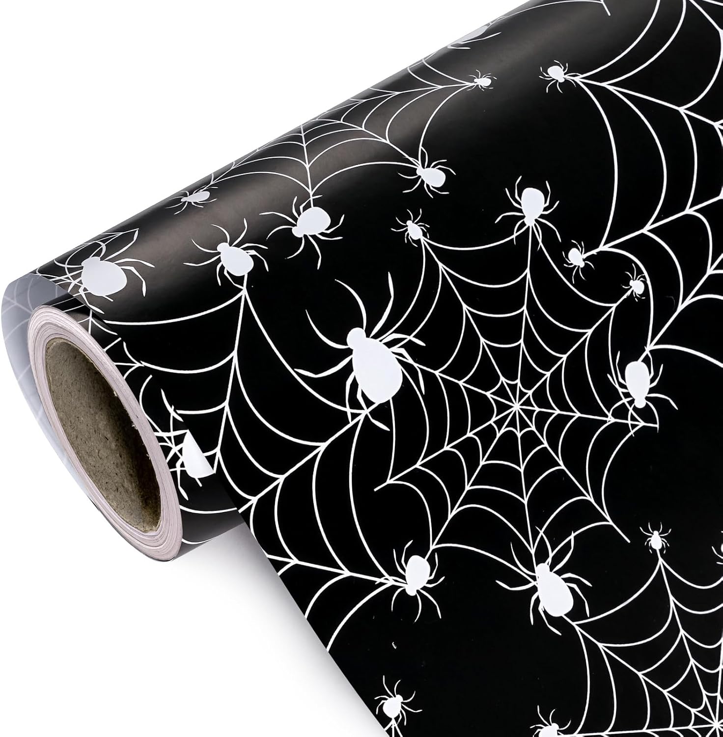 WRAPAHOLIC Halloween Wrapping Paper - Mini Roll - 17 Inch x 16.5 Feet - Black White Spider Web and Spider Wrapping Paper for Halloween Deco, Holiday, Party