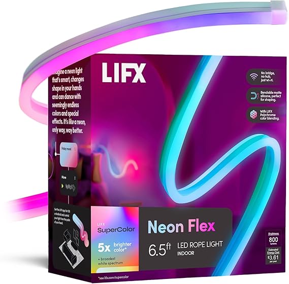 LIFX Flex Neon LED Rope Light 6.5FT Indoor, Bendable Neon Rope Lights for Bedroom & Gaming, Apple HomeKit, Alexa, Google Home, Matter, Music Sync, 24 Zones, No Hub, Color Changing Decor