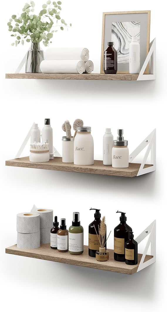 CASSA TOKO Wall Mounted Floating Book Shelves for Wall Set of 3, Shelf Bookshelf for Bedroom Living Room Office Bathroom Kitchen Rustic Wood with Metal Bracket (Natural White)