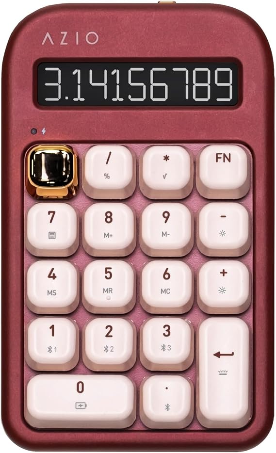 AZIO IZO Wireless Mechanical Calculator & Number Pad (Red/Gold) - Bluetooth 5.0 & USB, Gateron-Blue Mechanical Switch, 9 Backlight Modes, Rechargeable, PC & Mac Compatible, Baroque Rose (IN106)