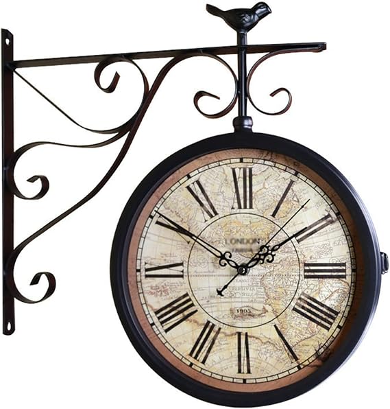 Vintage Double Sided Wall Clock Railway Station Clock European Style Vintage Waterproof Clock Metal Bracket 360 Rotation Clock for Outdoor Indoor Garden Home Decoration (D)