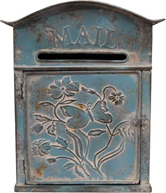 Creative Co-Op Distressed Blue Embossed Tin Mail Box