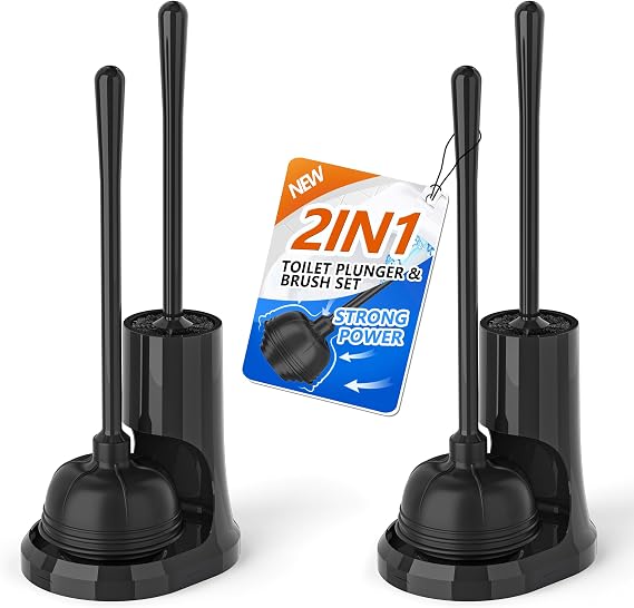 Toilet Plunger and Brush,2 Pack Bowl Brush and Heavy Duty Toilet Plunger Set with Holder, 2-in-1 Bathroom Cleaning Combo with Modern Caddy Stand for 5.7-inch Toilet Drain Bathroom Cleaning