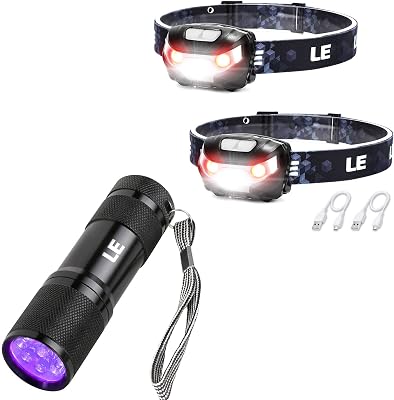 Bundle - 2 Items: 2 Pack LED Rechargeable Headlamp with 5 Modes & Small UV Black Light Flashlight 395nm