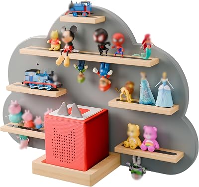Cloud Tonies Shelf for Toniebox Storage - Unique Floating Magnetic Wall Shelves for 20-30 Tonie Figures, Beech Wood Display Tonie Shelf for Children Kids Grey