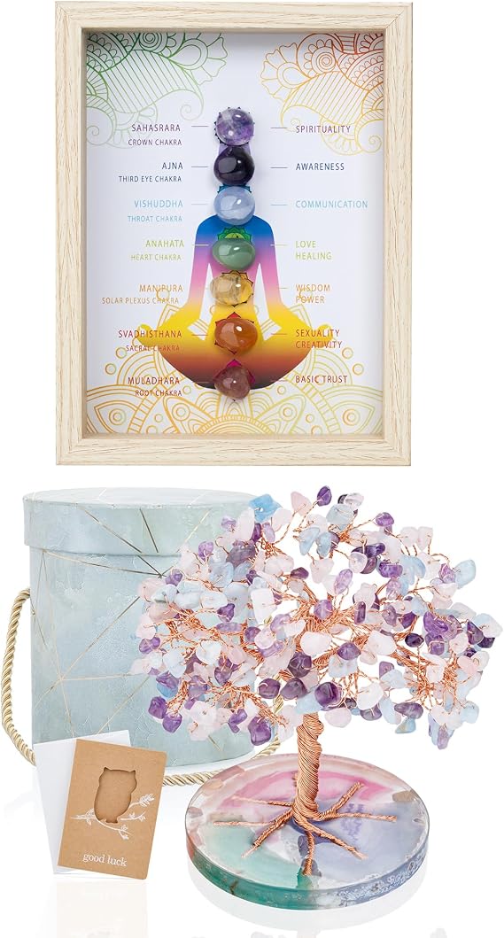 ZenBless 7 Chakra Healing Crystals Stones Tree, Amethyst, Pink Crystal, and Picture Frame, Decorative Photo for Reiki Decor, Zen Meditation Yoga Spiritual Feng Shui Table or Hanging Home Wall Decor