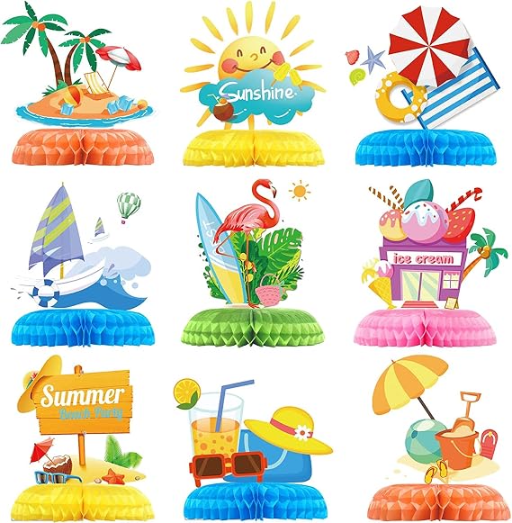 Tarklanda 9 Pcs Hawaii Beach Honeycomb Centerpieces, Summer Pool Party Table Toppers 3D Double Side Paper for Hawaii Luau Pool Birthday Photo Props Party Decor Supplies