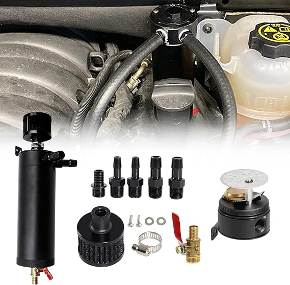 Sporacingrts Universal 750ml 2-Port Oil Catch Can Baffled Reservoir Tank Breather Filter with Drain Valve Black Aluminum | 750 ml aluminum oil catch can with 2-port design, breather filter and drain valve for universal applications.