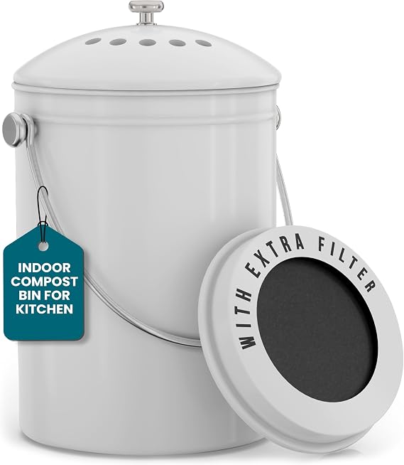Utopia Kitchen Countertop Compost Bin 1 Gallon, Stainless Steel, White