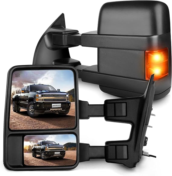 SCITOO Towing Mirrors Compatible For Ford For F250 08-16 Pickup Pair Set | For F350 / F450 / F550 Super Duty,Power Adjust,Heated,Turn Signal Light,Black Housing,Manual Folding & Telescoping LH and RH