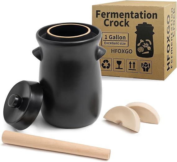 Fermentation Crock 3.8Liter/1 Gallon Stoneware Pot for Fermenting, Pickling Kimchi, Pickles, Vegetables, Kombucha - Glazed Fermenter with Stone Weights, Lid & Pickle Tamper-Black Crock