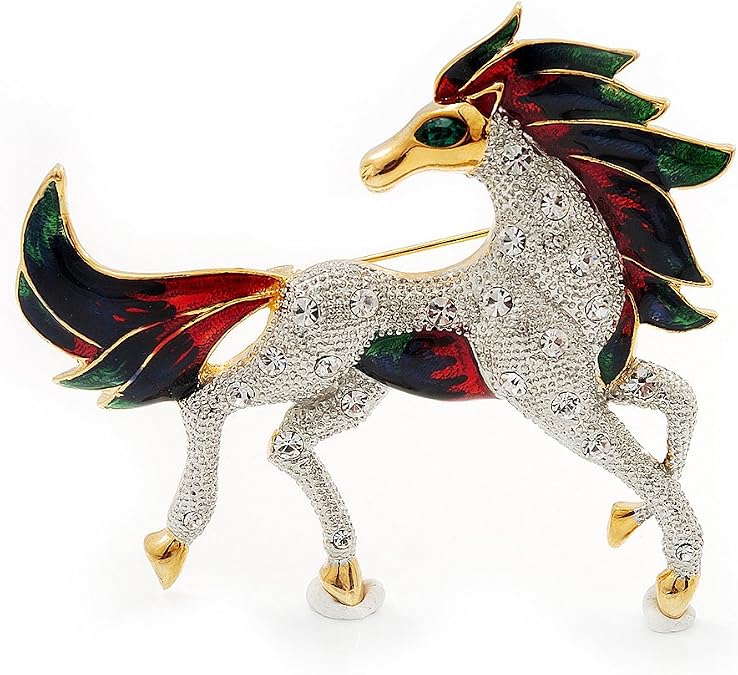 Oversized Diamante Enamel Horse Brooch In Rhodium Plated Metal