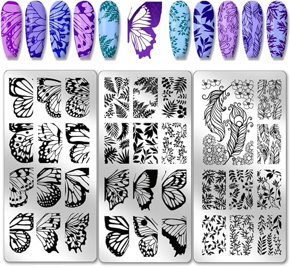 PH PandaHall 3pcs Butterfly Nail Stamper, 36 Patterns Plant Nail Stamping Plate Leaf Branch Nail Art Stencils Print Nail Stencils Stainless Steel Nail Image Plate for Nail Design Print Manicure Salon