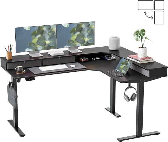 FEZIBO L Shaped Electric Standing Desk, 63 x48 inch Large with Drawers | Reversible Tabletop, 2 Memory Height Settings | Home Office & Gaming Height-Adjustable Table, Black Top/Black Frame(2 packages)