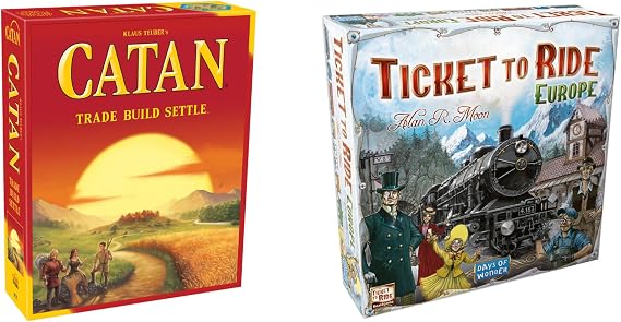 CATAN & Ticket to Ride Europe Board Game Bundle - Classic Strategy Games Perfect for Family Game Nights for Kids & Adults, Ages 10+, 2-5 Players