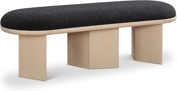 Meridian Furniture 22004Black Wilshire Collection Art Deco Bench with Luxurious Black Boucle Fabric and Rich Solid Wood with Natural Oak Finish, 57.5" W x 20" D x 18" H, Black
