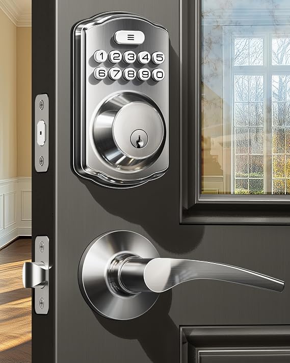 Veise KS01B Keypad Door Lock with 2 Lever Handles Set, Satin Nickel | Keyless Entry, 20 Codes, Auto Lock, Anti-Peeping Code, Electronic Deadbolt for Front Door, IP54 Waterproof, Easy Install