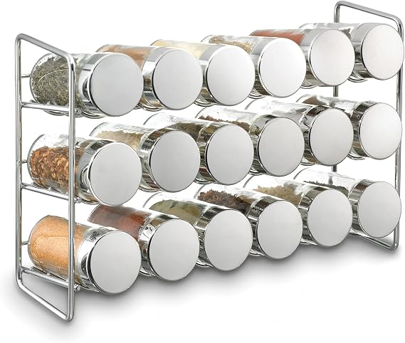 Polder Chrome 18-Jar Compact Spice Rack, 18-5 ounce Glass Jar has Perforated Shaker Caps, Chrome Plated Lids, Sleek Enough for Countertop, Compact for Cabinet Storage