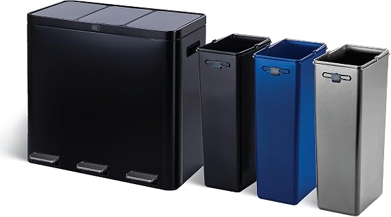Home Zone Living 16 Gallon Large Kitchen Trash Can with Three Compartments for Recycling, Stainless Steel, Matte Black, 60 Liters Total