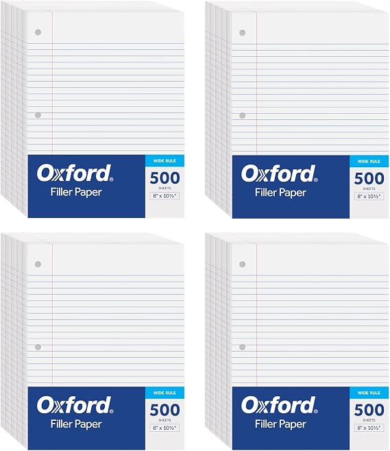 Oxford Loose Leaf Paper, Filler Notebook Paper, 8-1/2" x 11", 3-Hole Punched Fits 3-Ring Binders (Wide Rule - 2000 Sheets)