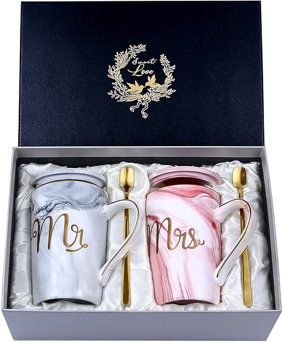 Wedding Gifts for Newlyweds Mr and Mrs Gift for Bride and Groom Gift Wedding Anniversary Gift Coffee Cups Set Ceramic Marble 14 oz for Wedding Engagements