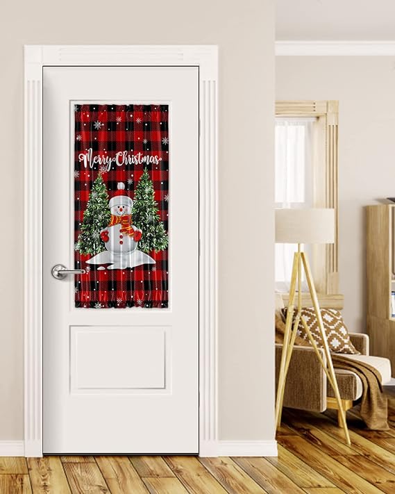 Winter Christmas Snowman Black Out French Door Curtains For Door Window,Snowflake Buffalo Red Black Checkered Rod Pocket Door Drapery Curtain Panel With Tiebacks For Sidelight Front Back Doors,25"x40"