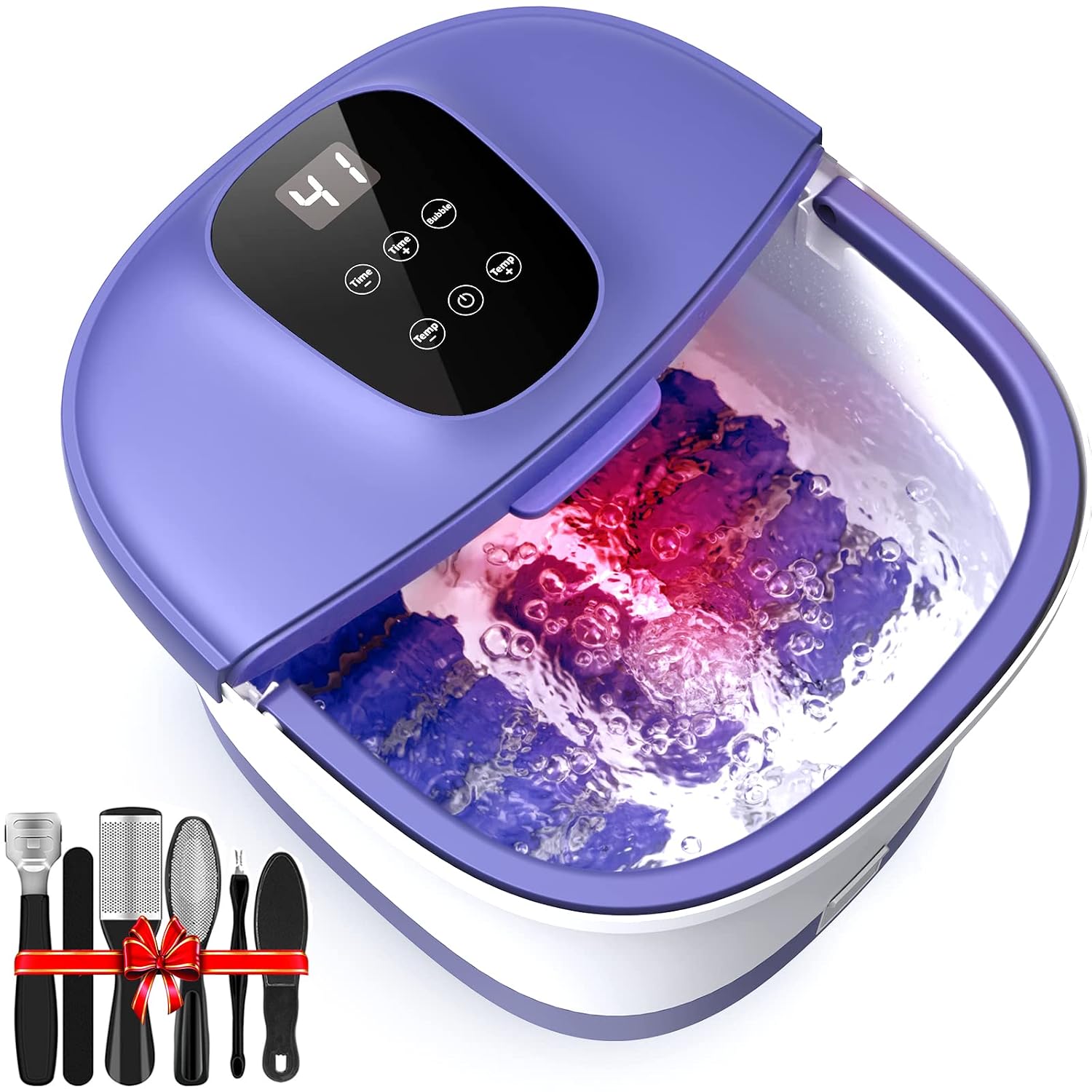 Foot Spa Bath Massager with Heat, Ag Bubbles & Red Light to [Relieve Foot Odor], Pedicure Foot Soak Tub with Detachable Massage Rollers for Feet Relax, Extra [10 in 1 Pedicure Kit], Green