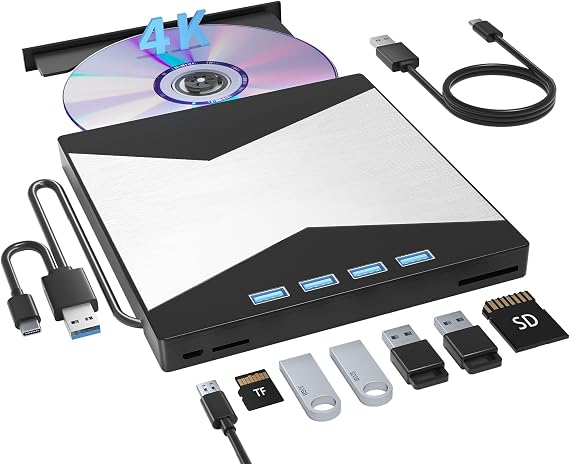 Wbacon 4K External Blu Ray Drive, USB 3.0 & 4 USB Ports 3D Blu Ray Drive | 8 in 1 BluRay Drive with 2 SD/TF Ports & 4 USB Ports , CD/DVD Burner R/W 3D Blu Ray Drive for Windows 7-11 Mac OS Laptop