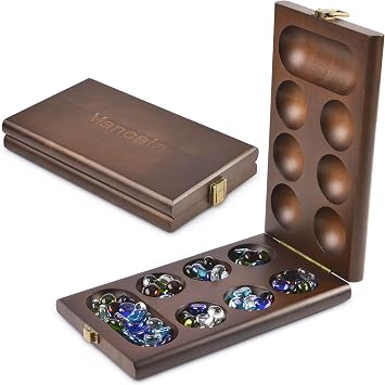 AMEROUS Wooden Mancala Board Game Set with 728 Bonus Multi Color Glass Stones - Folding Board - Mancala Instructions, Classic Family Board Game for Kids Adults, Tabletop Version
