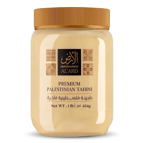 Al'Ard Premium Tahini Paste 454g/1 lb, Authentic Palestinian Sesame Paste, Traditionally Ground from Roasted Sesame Seeds, Smooth and Creamy Tahini for Hummus, Sauce, and Halva