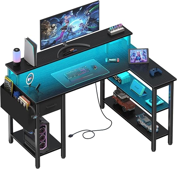 Lufeiya L Shaped Gaming Desk with Fabric Drawers and Storage Shelves, 47 inch Home Office Desk with Monitor Stand, Computer Desk with LED Lights and Power Outlets, Black
