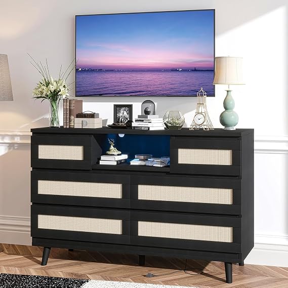 Jojoka Rattan 6 Drawer Dresser with LED Lights & Charging Station, Modern Wooden Chest with Deep Storage, USB & Outlet, for Bedroom, Nursery, Living Room - Black
