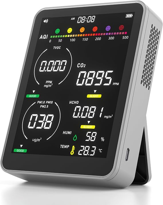 16 in 1 Air Quality Monitor Indoor 9 AQI+7 Alerts, CO2 Monitor Air Quality Tester for CO2, TVOC, PM2.5 PM1.0 PM10, HCHO Temperature Humidity AQI & Time Air Quality Meter for Home (Gray)