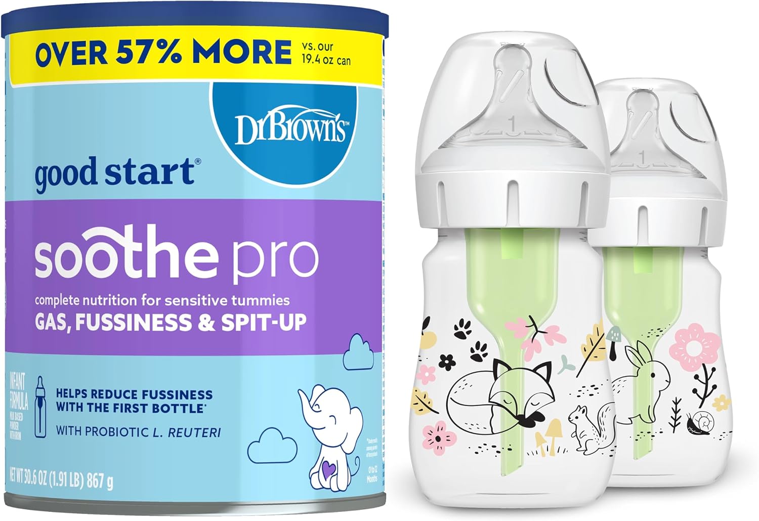 Dr. Brown's Good Start Baby Formula Powder, 30.6 Ounce & Natural Flow Anti-Colic Options+ Wide-Neck Baby Bottle Designer Edition Bottles, Woodland Decos, 5 oz/150 mL, Level 1 Nipple, 2-Pack, 0m+