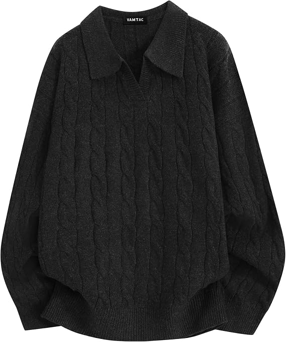 Vamtac Mens Polo Sweater Loose Fit Cable Knit Sweaters Fall Winter Pullover