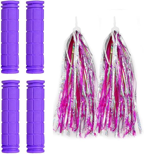 PLATT Kids Bicycle Handle Bar Grips 2 Pairs Colorful Rubber Mushroom Grips with Ribbons Streamers for Balance Bikes, Scooters, and Childrens BMX Bicycle Handlebars