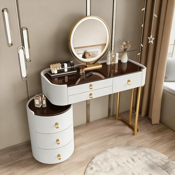 Dressing Table Set with LED-Mirror, 6 Drawers, White