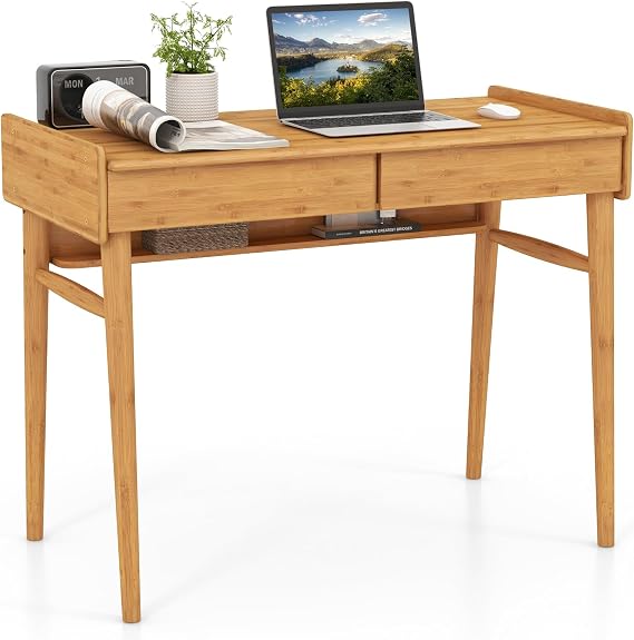 GOFLAME Bamboo Computer Desk, Home Office Desk with 2 Storage Drawers, Open Shelf, Cable Management Groove, Mid Century Writing Desk for Laptop, Working, Learning & Vanity, Natural